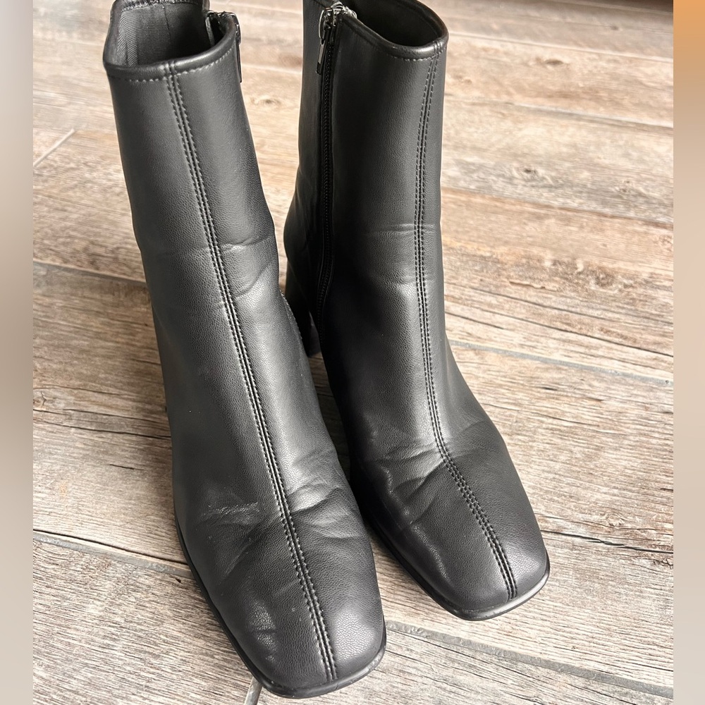 Jeffrey Campbell Troye Black Faux Leather Square Toe Boots, Womens SZ 8
